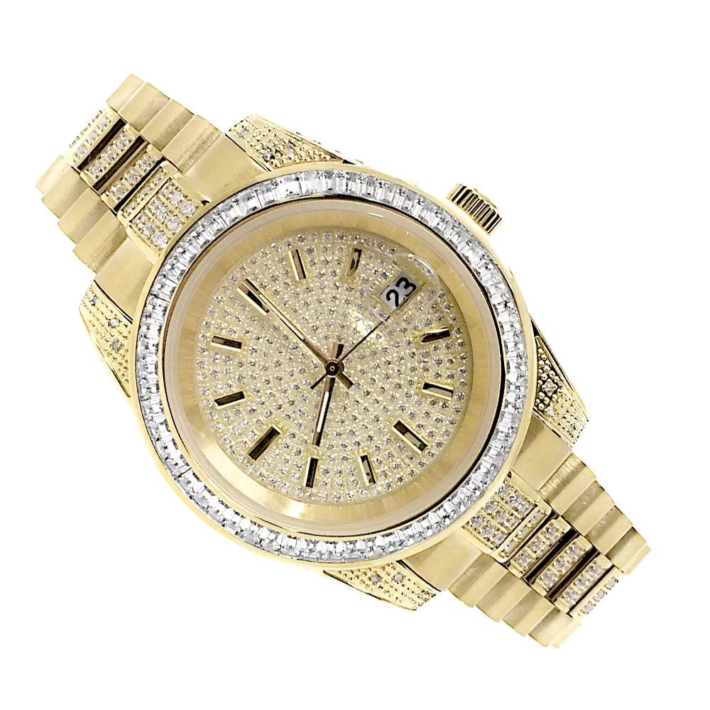 Unisex 18k Yellow Gold Finish Stainless Steel SimuLatitudeed Diamond Presidential Watch 41MM New Tarnish Free