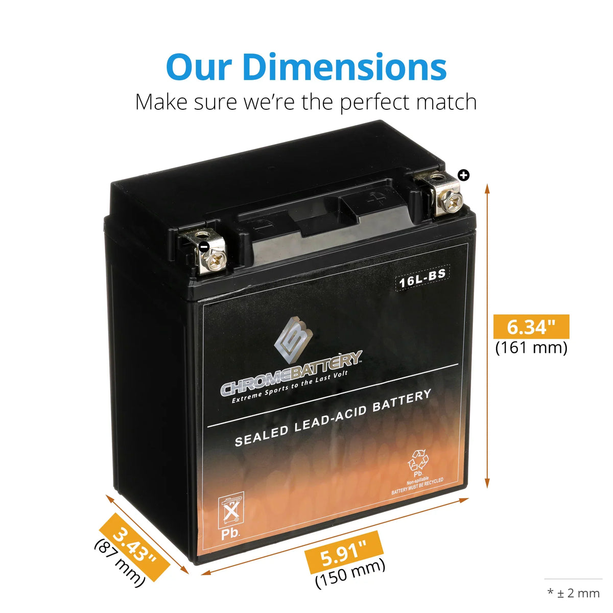 Chrome Battery YTX16L-BS (16L-BS 12 Volt,14 Ah, 230 CCA) Jet Ski Battery for Kawasaki 650cc Jf650 X2 86-'95