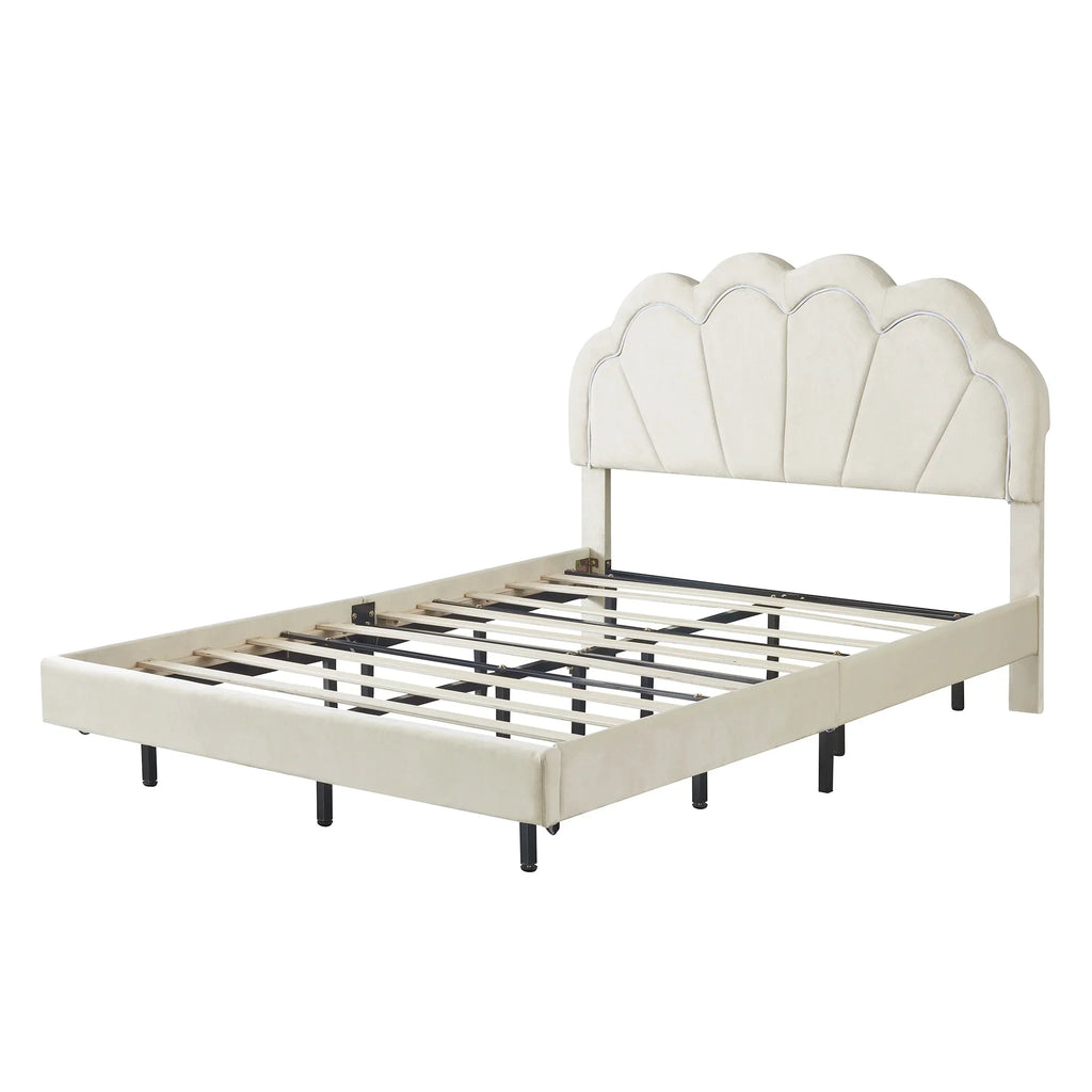 Cosymart Full Upholstered Smart LED Bed Frame with Elegant Flowers Headboard， Floating Velvet PLatitudeform LED Bed with Wooden SLatitudes Support， Beige
