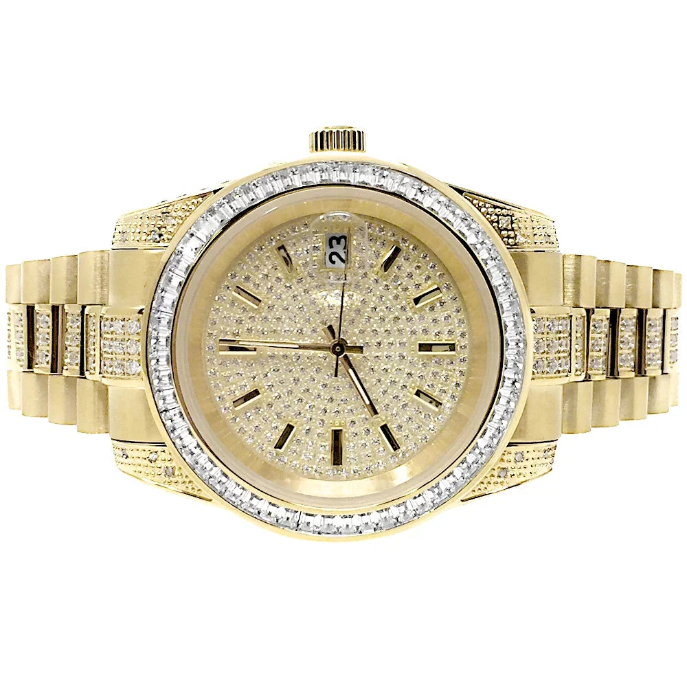 Unisex 18k Yellow Gold Finish Stainless Steel SimuLatitudeed Diamond Presidential Watch 41MM New Tarnish Free