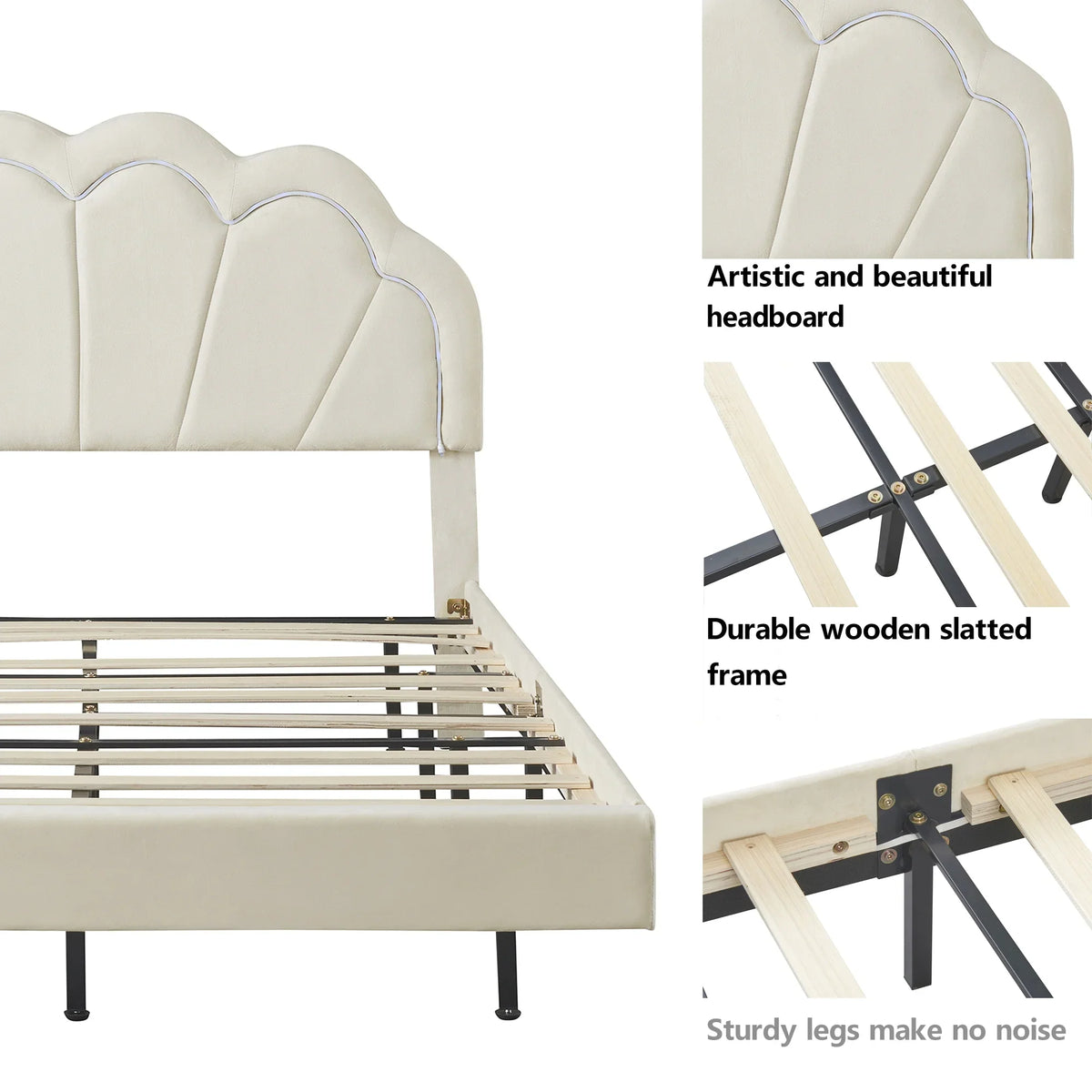Cosymart Full Upholstered Smart LED Bed Frame with Elegant Flowers Headboard， Floating Velvet PLatitudeform LED Bed with Wooden SLatitudes Support， Beige