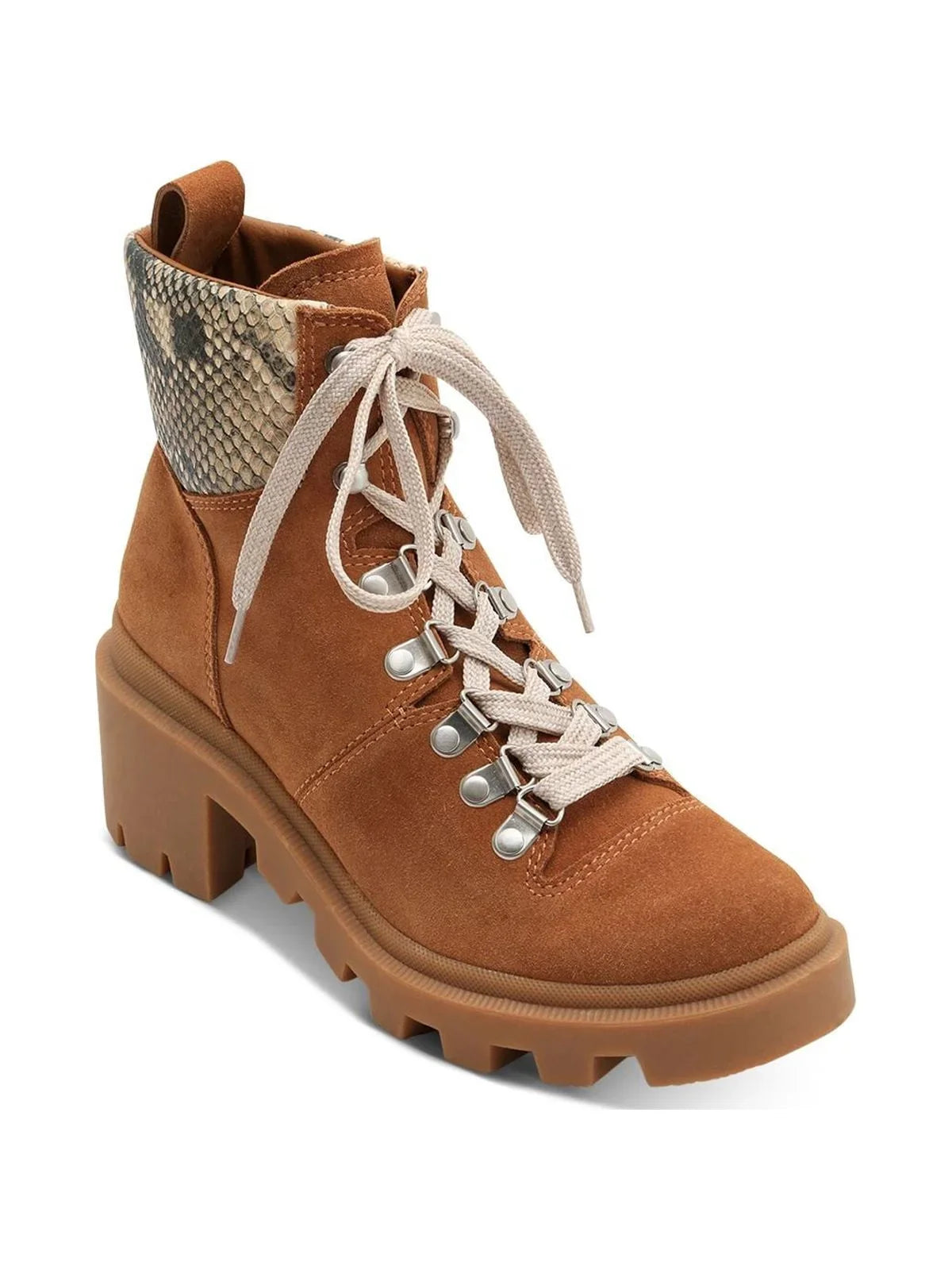 DOLCE VITA Womens Brown Snake 1" PLatitudeform Comfort Lug Sole Rubi Round Toe Block Heel Lace-Up Leather Hiking Boots 6