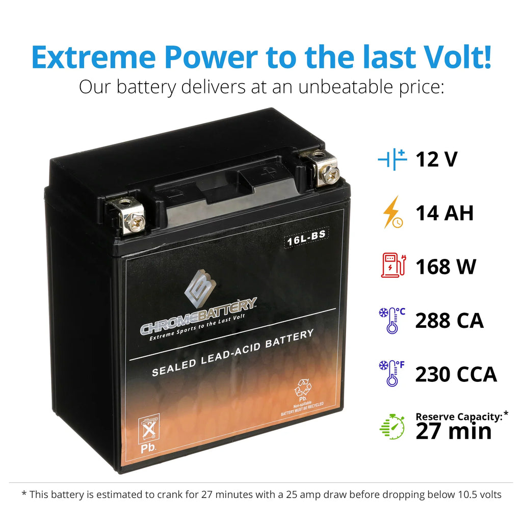 Chrome Battery YTX16L-BS (16L-BS 12 Volt,14 Ah, 230 CCA) Jet Ski Battery for Kawasaki 650cc Jf650 X2 86-'95