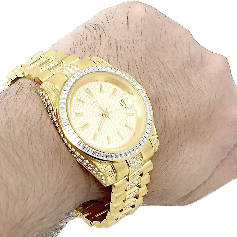 Unisex 18k Yellow Gold Finish Stainless Steel SimuLatitudeed Diamond Presidential Watch 41MM New Tarnish Free